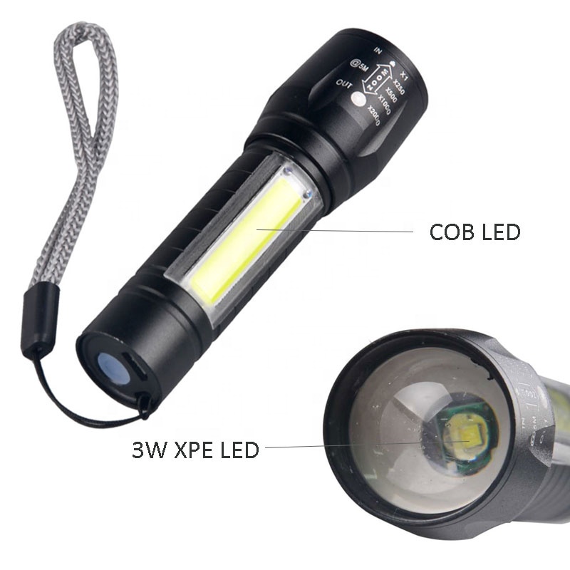 Super Bright Rechargeable Flashlight with Zoom Xpe+Cob Light