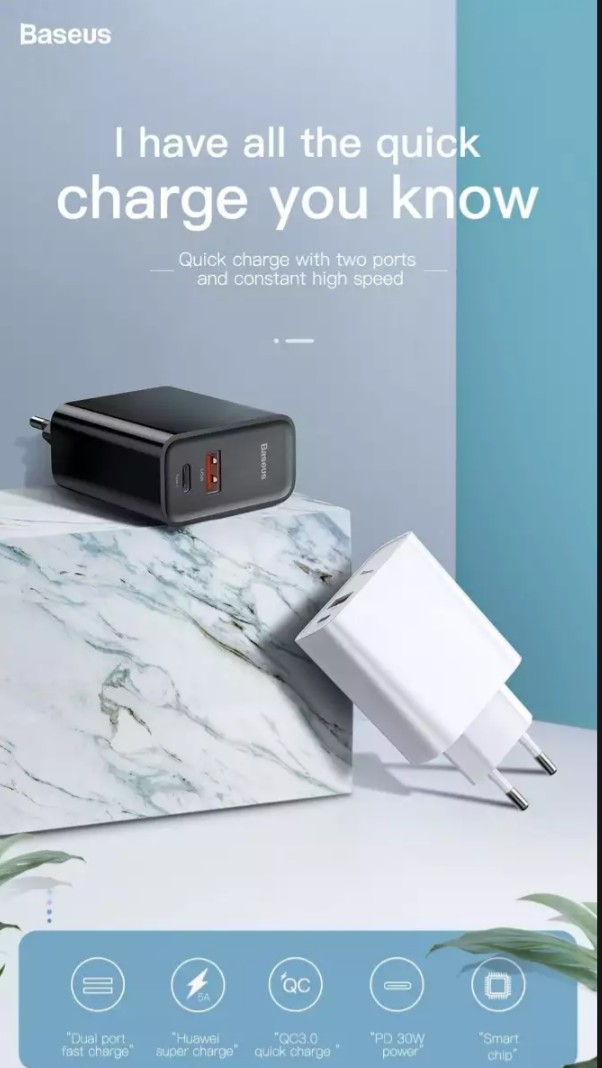 Bộ sạc Baseus 30W 2 cổng USB & Type C, hổ trợ sạc nhanh 2 cổng