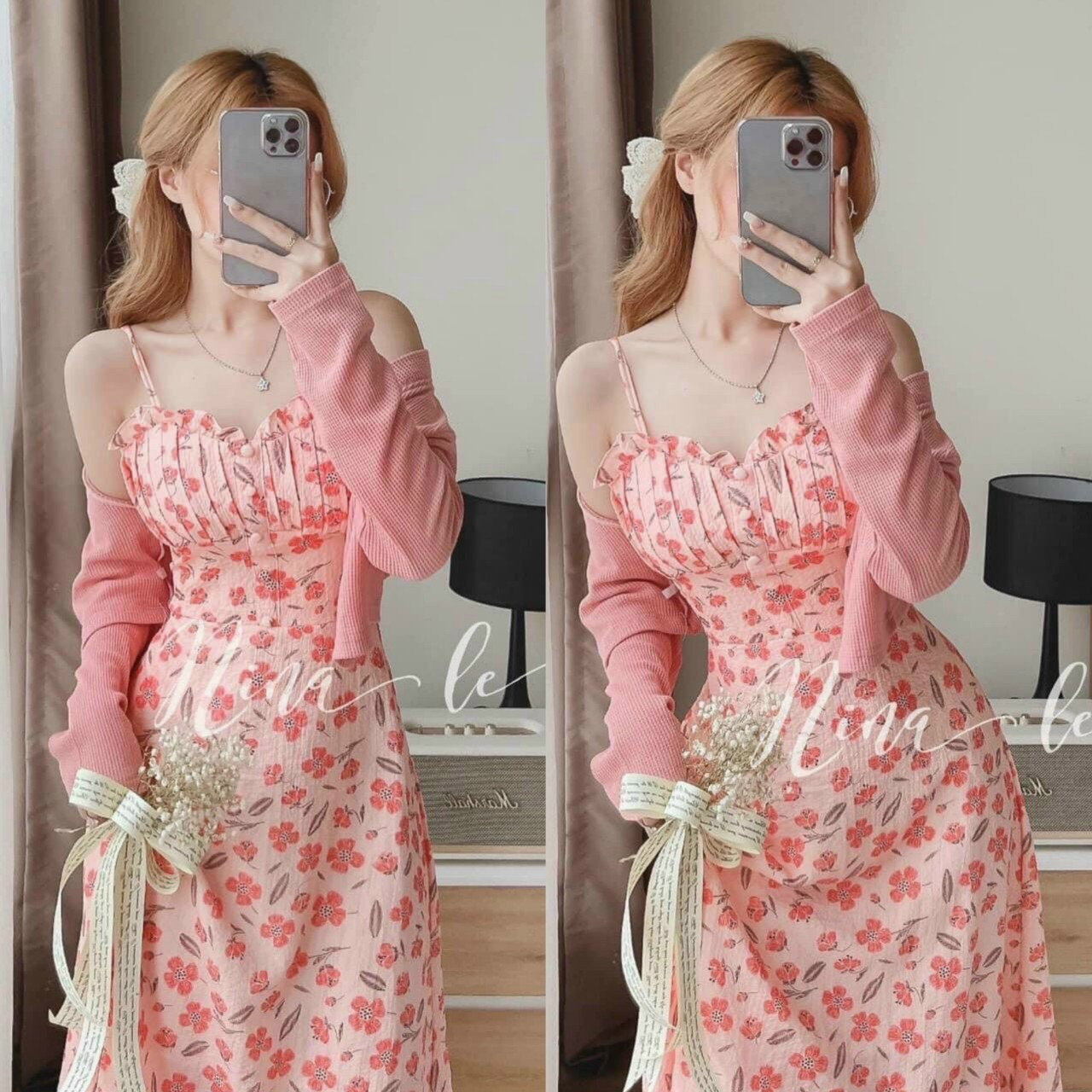 Đầm xòe tiểu thư hoa bi kèm áo khoác nhẹ hồng cực kì sang chảnh đi chơi đi tiệc đ97011004