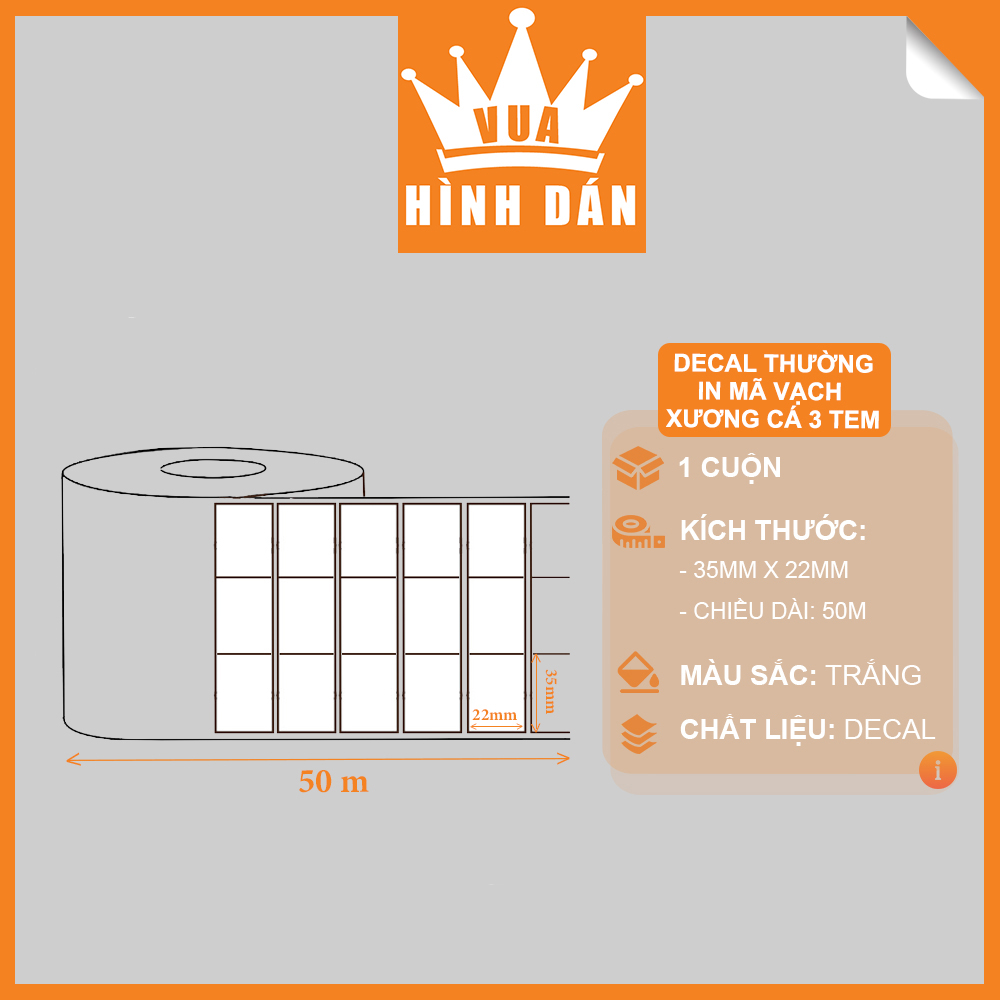 Decal thường 35x22mm in mã vạch, tem niêm phong xương cá chống bóc cuộn 50m, khổ giấy: 110mm