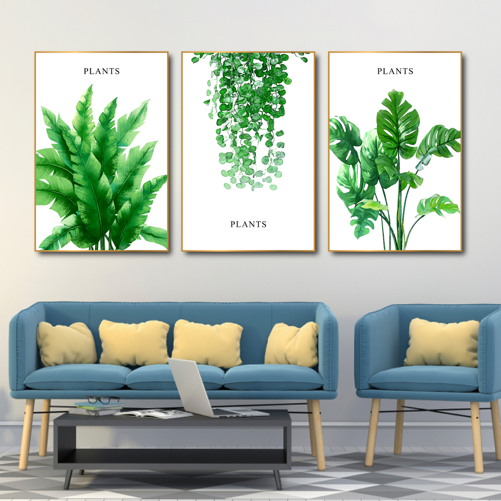 LaLaShop Bộ 3 Bức tranh Canvas treo tường tranh nghệ thuật tranh lá xanh phong cảnh thiên nhiên CÓ KHUNG trang trí tường phòng ngủ, decor phòng khách