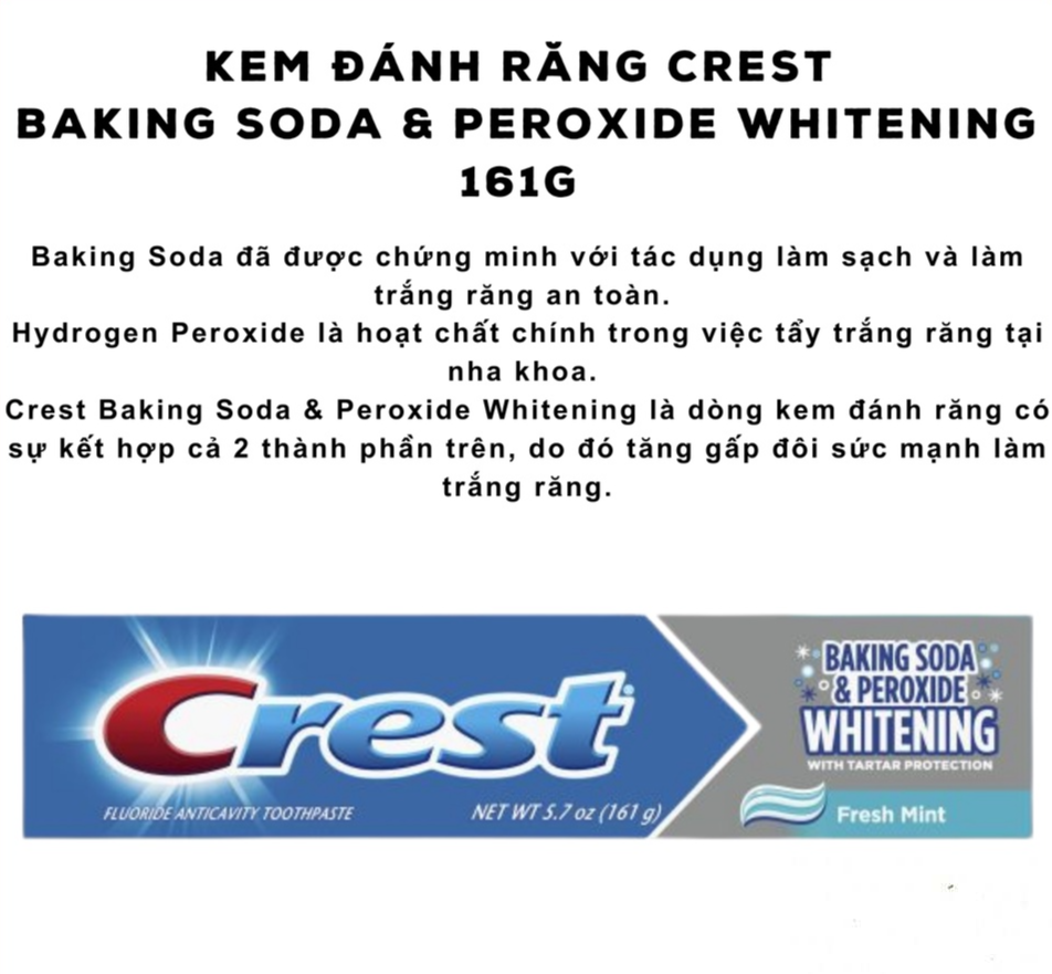 Kem đánh răng Crest Baking Soda & Peroxide Whitening hàng Mỹ