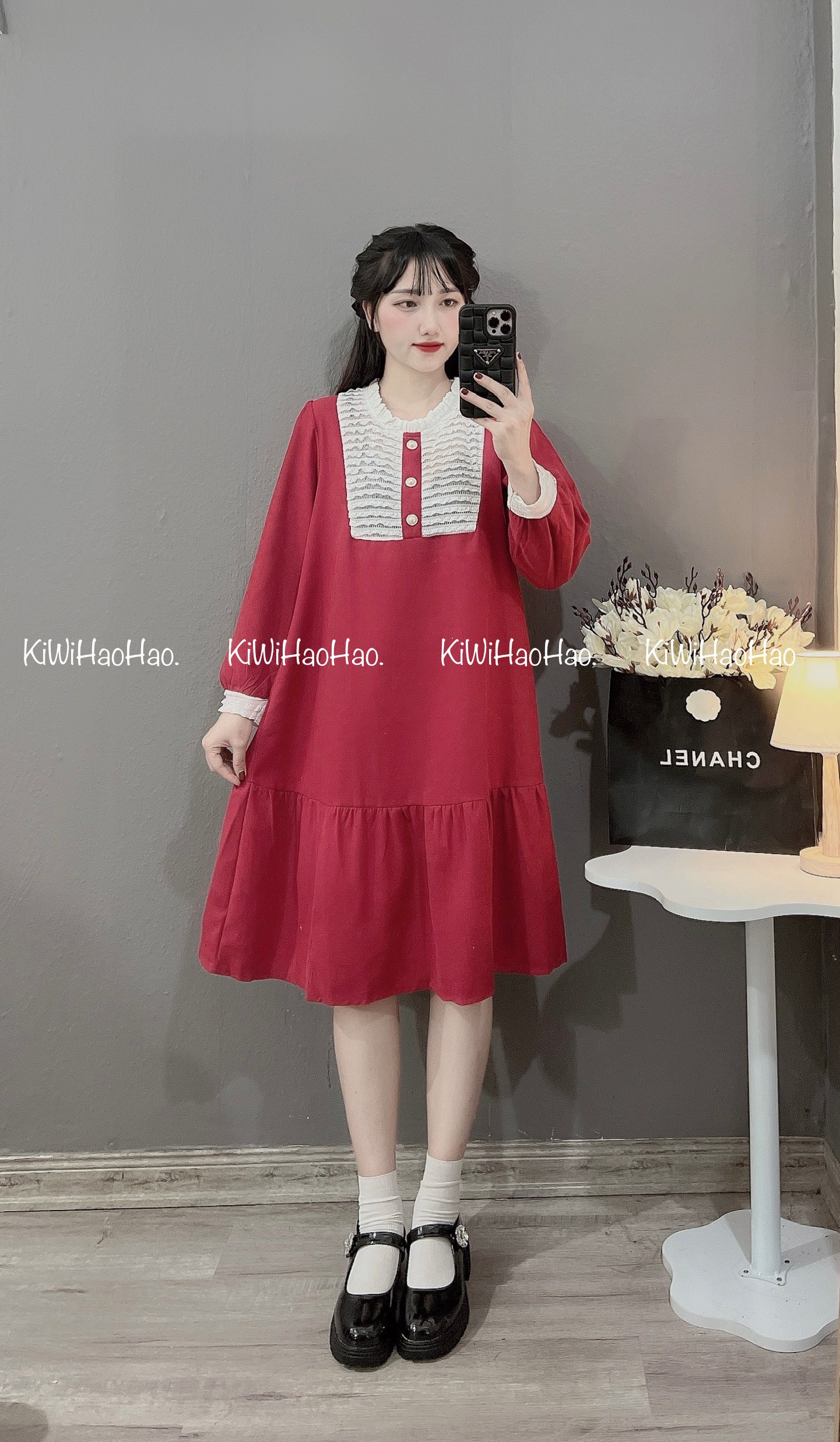 Váy bầu thiết kế - Đầm Bầu THU ĐÔNG đen dài tay viền cổ trắng đuôi cá_ảnh thật