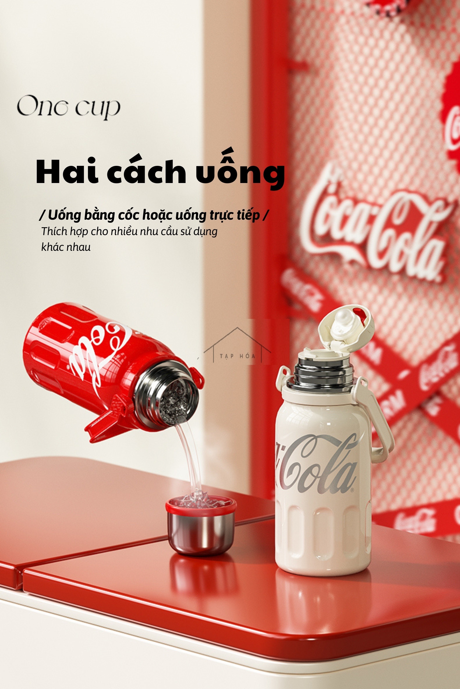 Bình giữ nhiệt kèm cốc, quai xách cao cấp coca 800ml