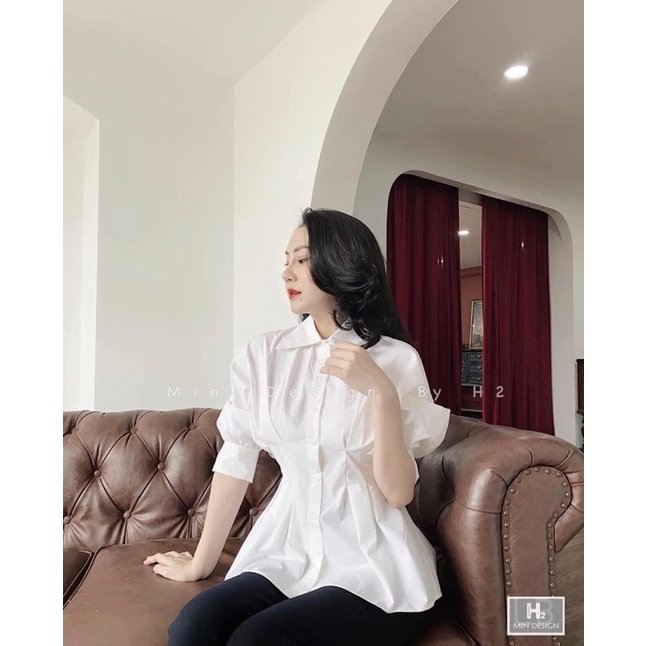 áo sơ mi nữ trắng công sở nhúm eo dáng xòe cá tính