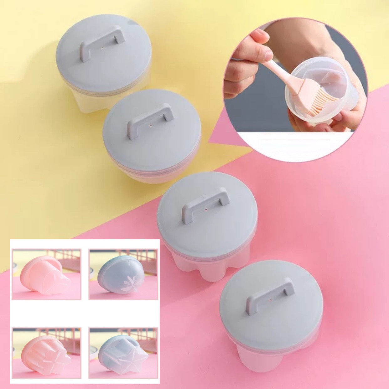 Khuôn hấp bánh, Khuôn hấp trứng cho bé (bộ 4 khuôn nhựa kèm chổi silicon quét dầu)