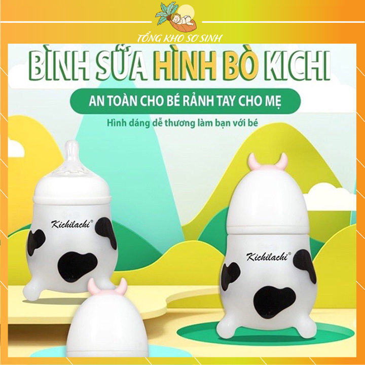 Bình sữa hình bò Kichilachi núm ti silicon siêu mềm cho bé 180ml/ 240ml