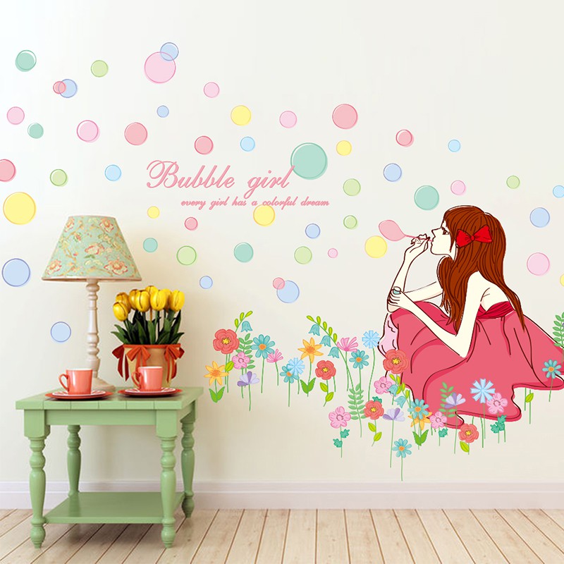 Decal dán tường Cô gái thổi bong bóng