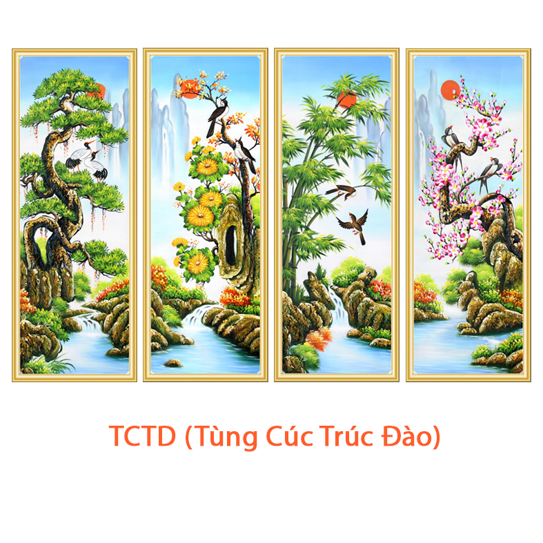 Bộ Tranh dán tường tứ quý VTC Xuân Hạ Thu Đông UD0491 KT 30 x 80 cm x 4 bức kim sa nhiều mẫu và kích thước