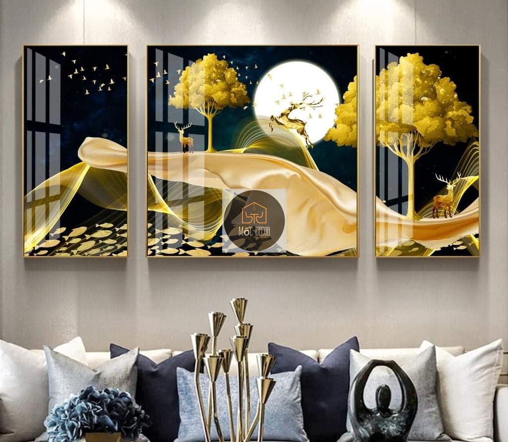 Xả tranh tráng gương phòng khách, phòng ăn - tranh tuần lộc cây vàng có nhiều size