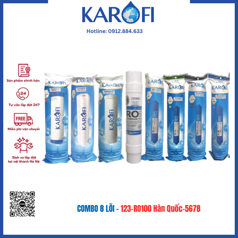Trọn bộ Combo 8 lõi lọc nước Karofi 12345678 model Slim S-s038