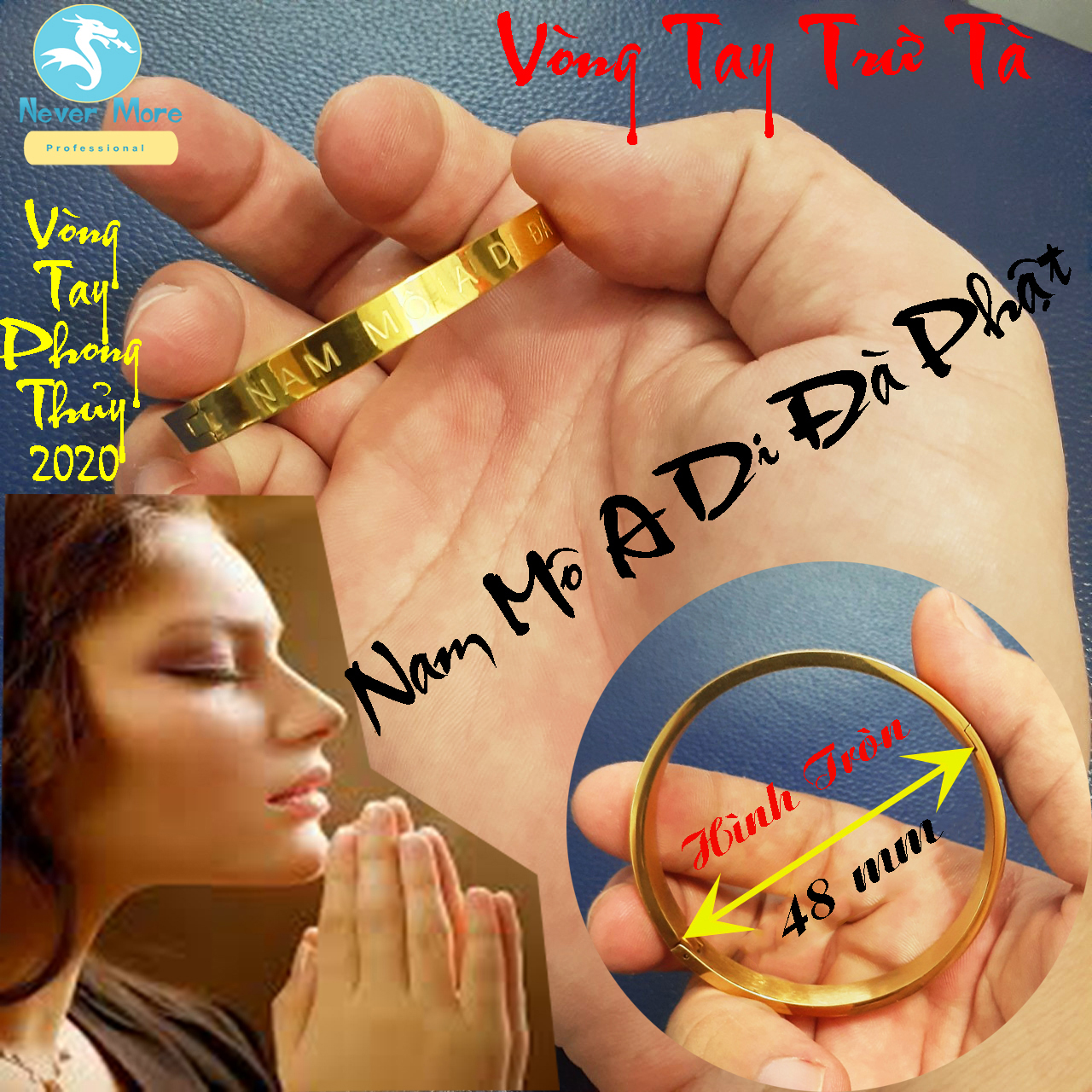 Vòng tay nữ titan Nam Mô A Di Đà Phật màu vàng ni nhỏ 48mm bản nhỏ dành cho nữ tay bé - Siêu đẹp, bền màu - Đeo tay vạn sự may
