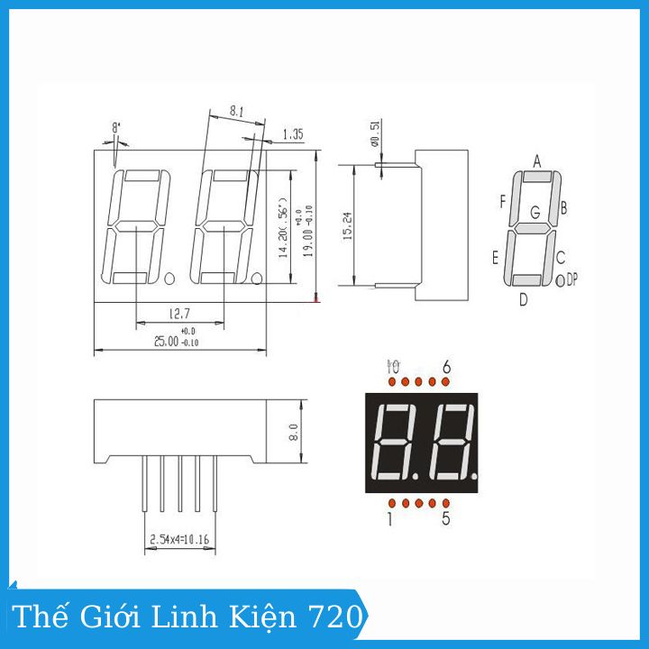 Bộ 5 led 7 thanh 2 số đỏ anode chung 0.56 inch