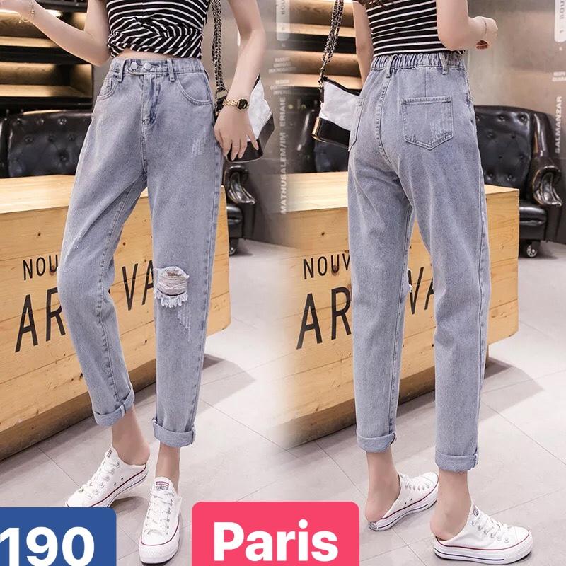 QUẦN BAGGY JEAN NỮ CHẤT BÒ XANH LƯNG THUN CẠP CHUN RÁCH ĐÙI LƯNG CAO NÂNG MÔNG HÀN QUỐC PR-190 CAO CẤP - PARIS FASHION