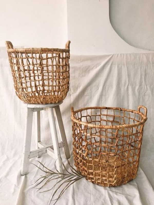 Sọt lục bình đan lưới siêu xinh xắn dành cho gia đình, studio phong cách Boho, vintage D35 *H30 cm