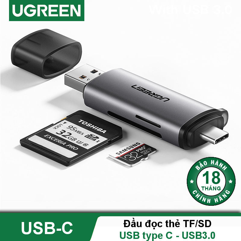 Bảng giá Đầu đọc thẻ USB type C với 2 khe thẻ cắm SD và TF hỗ trợ chức năng OTG UGREEN CM184 CM185 - Hãng phân phối chính thức Phong Vũ