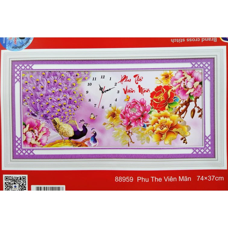[HCM]Tranh thêu chữ thập phu thê viên mãn công tím đồng hồ 88959 - kích thước 74 * 37