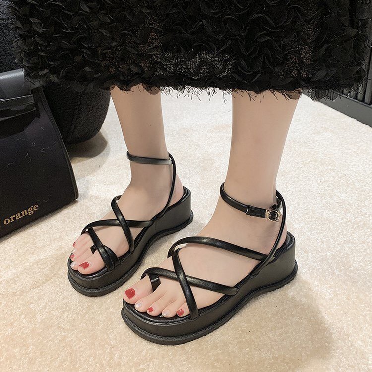 HOÀN TIỀN 15% - Giày sandal nữ đế xuồng 5cm dây chéo quần 1 vòng quanh chân dép quai hậu học sinh 2 màu đen trắng rẻ đẹp