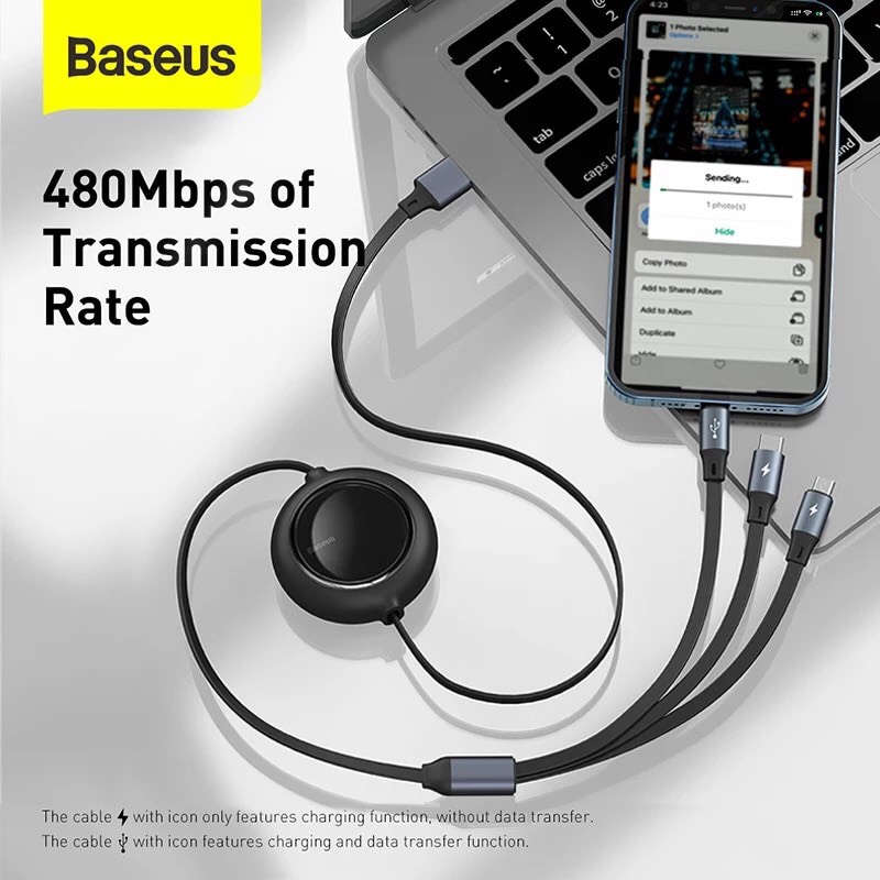 Baseus little octopus drawstring charging cable built-in 3 pin type-C/Micro USB/lightning fast charge 3.5a 1.2m special design