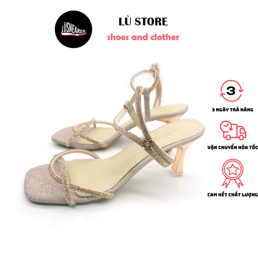 Sandal cao gót [ Lù Store] Giày cao gót mũi vuông cao 7cm, Dép sandal hai màu hồng và bạc size từ 35-39