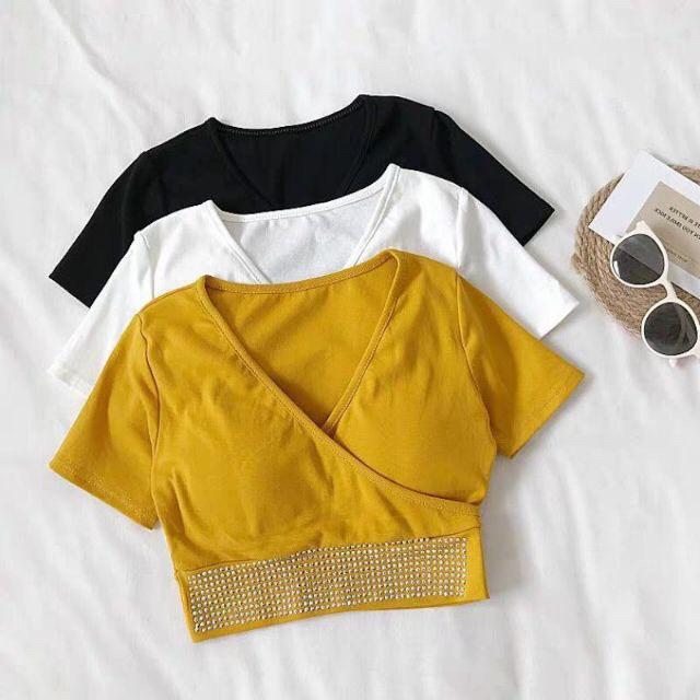 [HCM]Áo croptop đắp chéo đính đá mẫu mới cực xinh