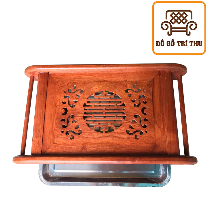 Khay trà chân cuốn thư đục chạm chiện gỗ Hương