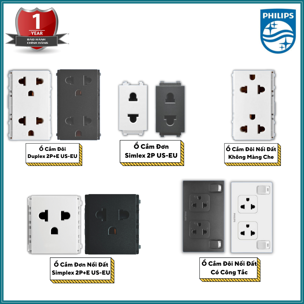 Ổ cắm đơn / Ổ cắm đôi LeafStyle Philips - Đa dạng loại ổ cắm (có nối đất, có công tắc)