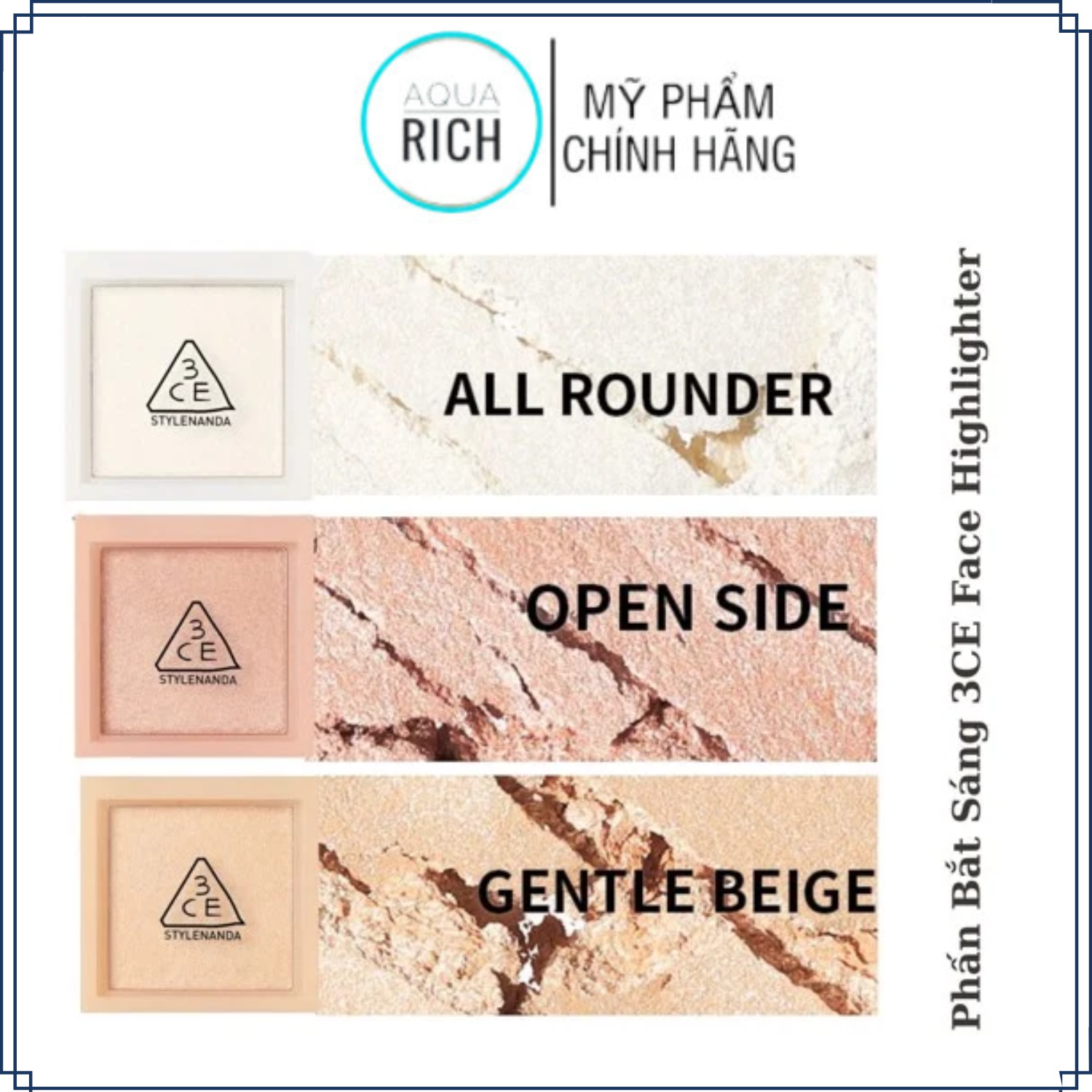 Phấn Bắt Sáng 3CE FACE HIGHLIGHTER Hộp Vuông 4,8g [All Rounder - Gentle Beige - Open Side]