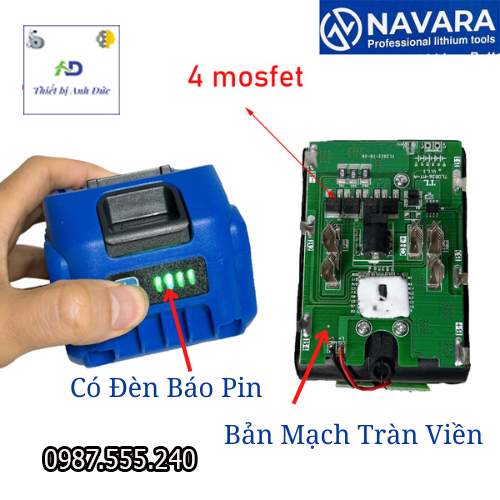Pin Navara 10 cell và 15 cell , chuẩn cell 2000mAh Chân pin phổ thông, có đèn báo pin, mạch 4 mosfet