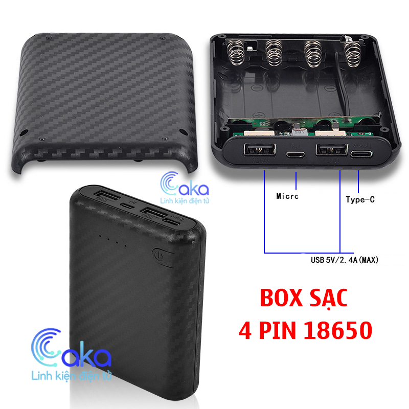 [KHÔNG PIN] Box sạc pin dự phòng 4 Pin 18650 cổng sạc Type C Micro 2 cổng USB 2.4A