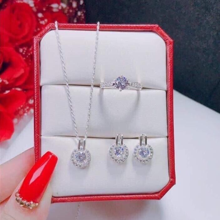 Bộ trang sức bạc nữ mặt đá tròn trẻ trung