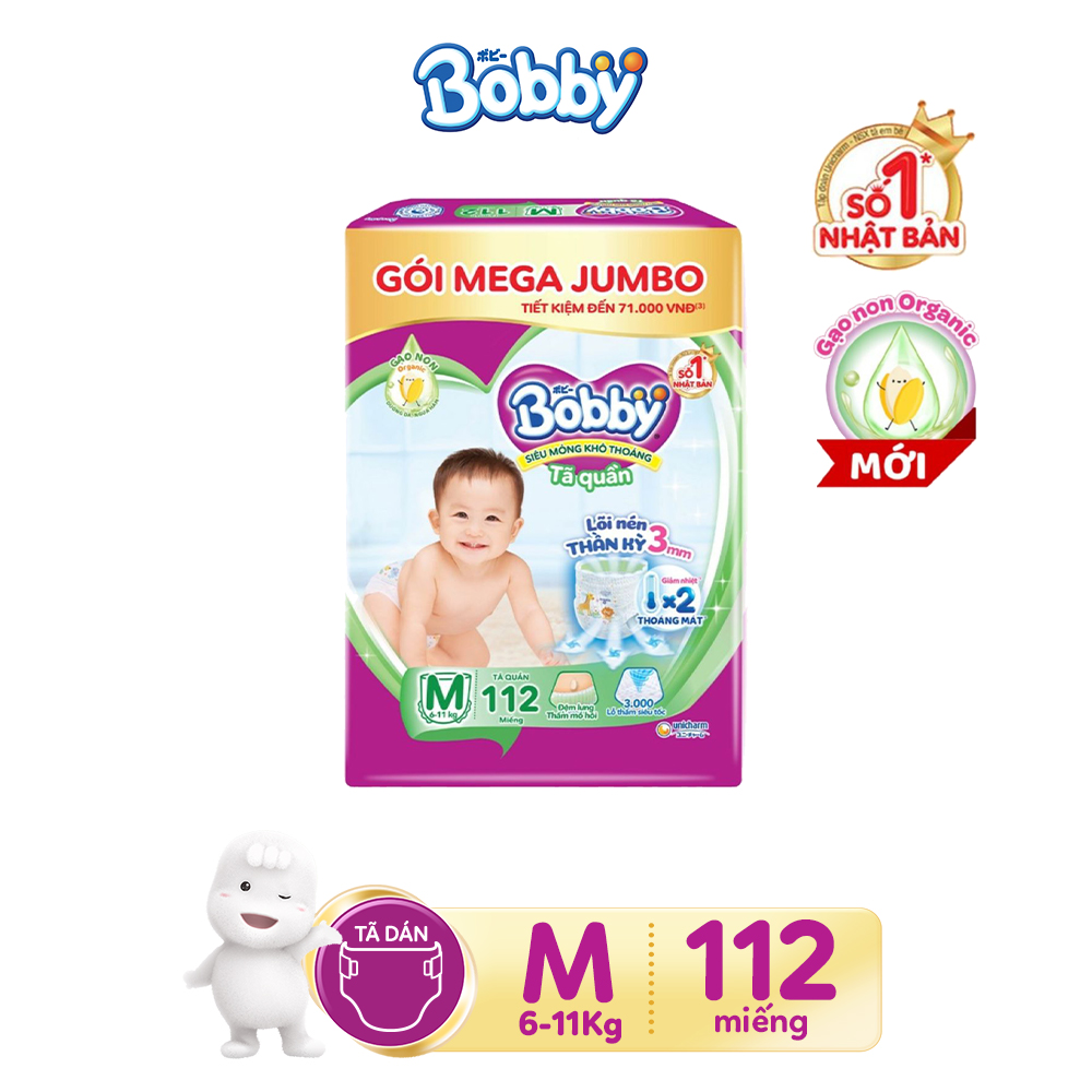 Tã/bỉm quần Bobby 3mm Mega Jumbo Gạo non M112