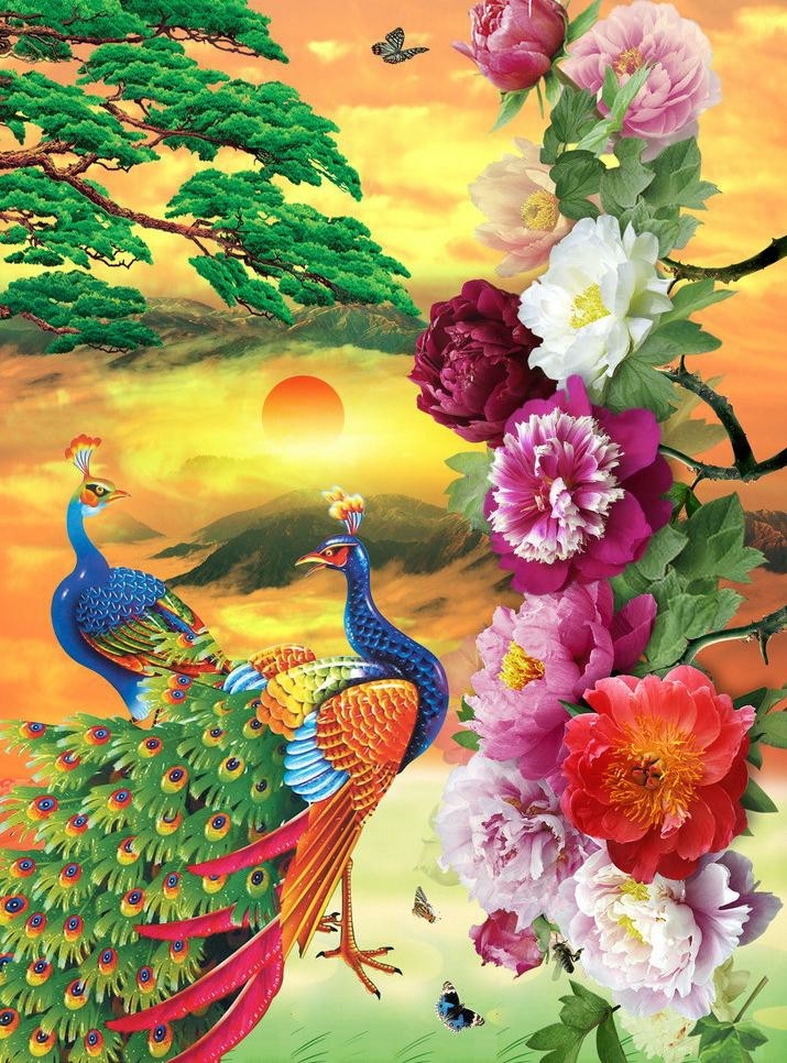 Tranh dán tường 3D chim công, tranh lụa cao cấp, trang trí phòng ngủ, phòng khách, phòng làm việc