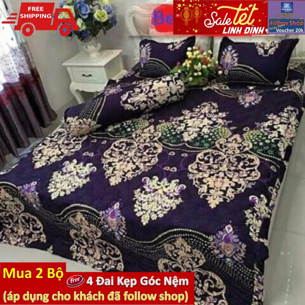 (FreeShip MAX) Bộ chăn ga gối phủ Hoa Móc 3D tím xanh