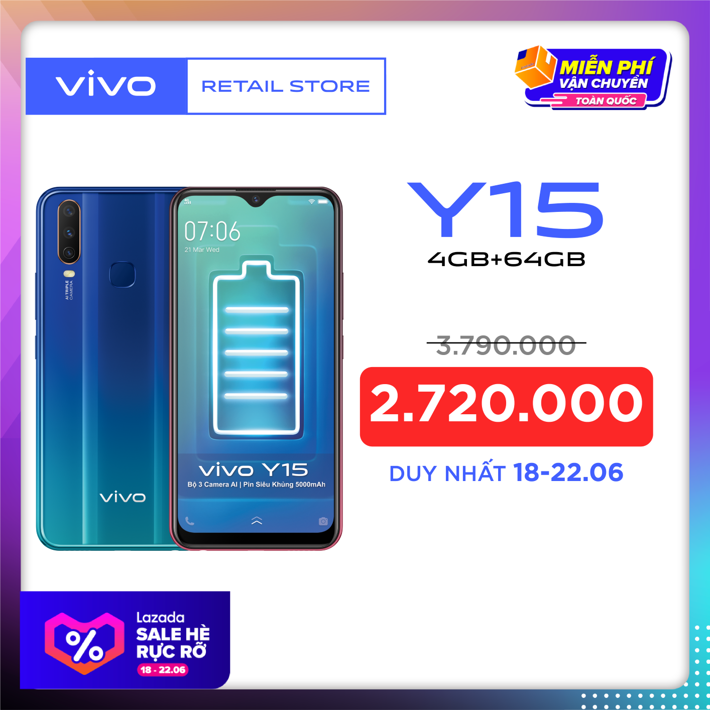 Điện thoại Vivo Y15 (4GB/64GB) - Pin 5000mAh 3 camera sau 13MP Camera trước 16MP Màn hình 6.35'' 2 Nano SIM|ProductId:470