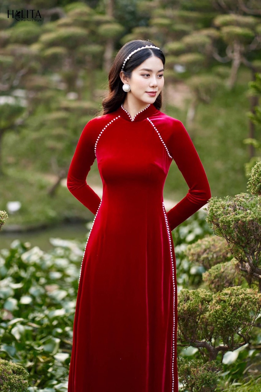 Áo dài nhung đỏ đính trai cao cấp phối ngọc