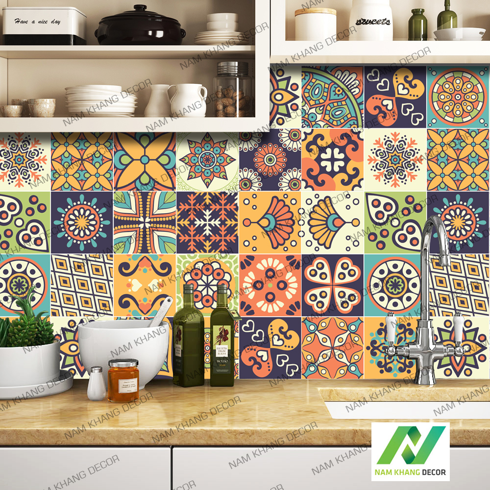 Decal gạch bông Set 30 ô 20cm - NK46 ( cam đoan bán decal nhựa 100%)