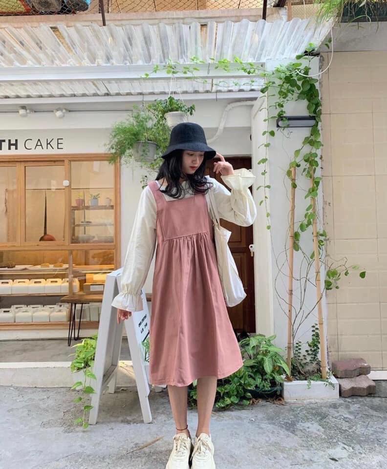Set Đầm Yếm Hồng kèm áo tay bo