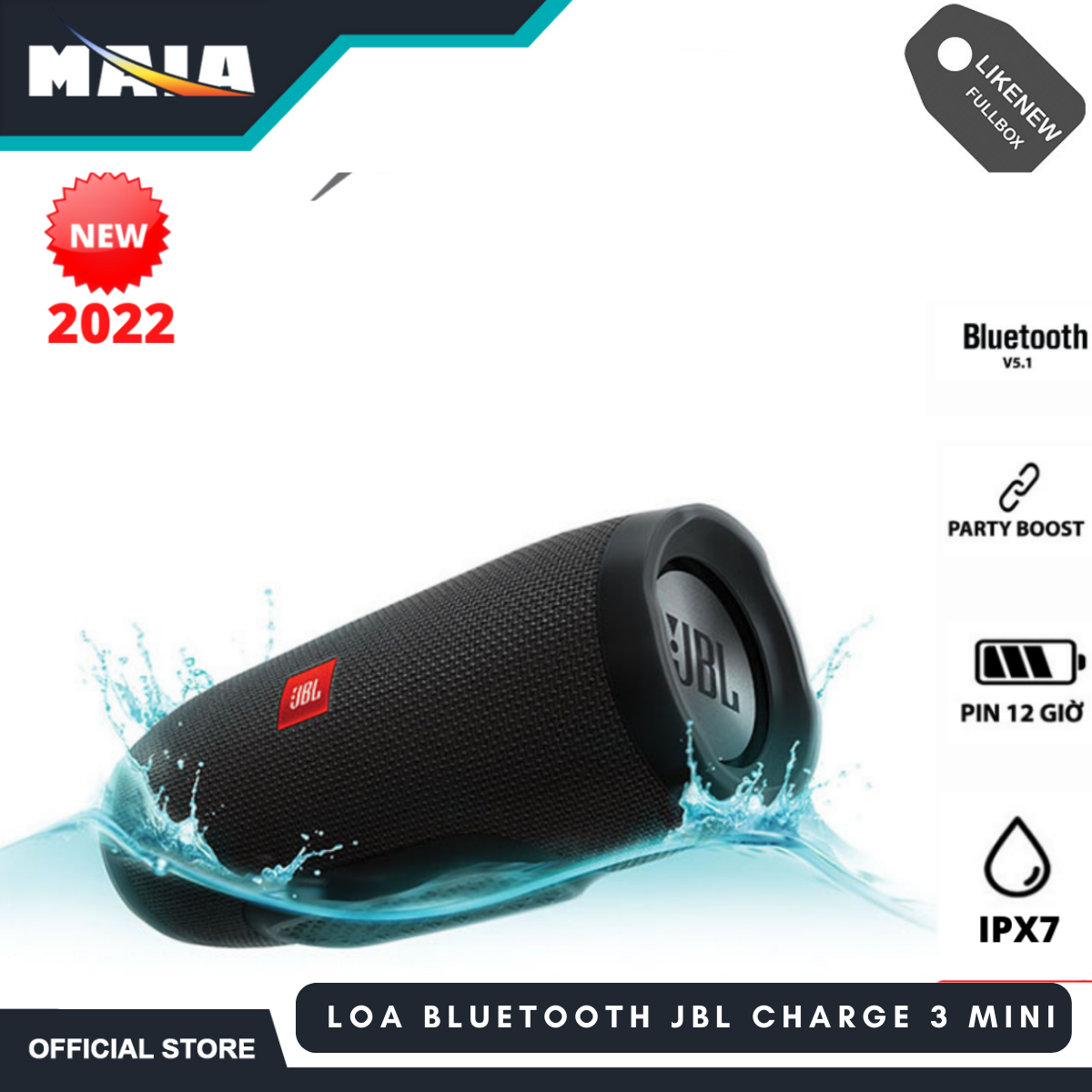 Loa Bluetooth JBL Charge 3_Loa Bluetooth Di Động JBL Charge 3 -Loa Siêu Trầm 3D- JBL Connect Kết Nối 2 Loa- Loa Công Suất Lớn Nghe Nhạc Cực Hay- Bass Mạnh- Âm Thanh Trung Thực- Chống Nước IPX7- Pin 12 Giờ