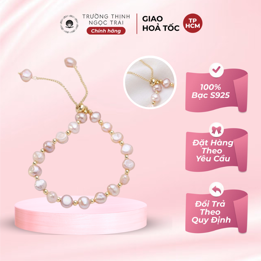 Vòng Tay Ngọc Trai Dẹt Màu Hồng Mix Bi Titan Lắc Tay Ngọc Trai Nước Ngọt Trẻ Trung - Ngọc Trai Trường Thịnh
