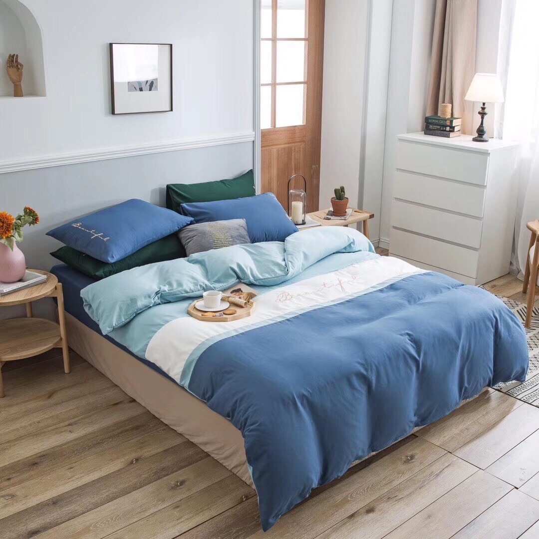 Trọn Bộ Chăn Ga Gối Cotton Tici Xuất Nhật Phối Màu Xanh Nhạt, Mát Mịn