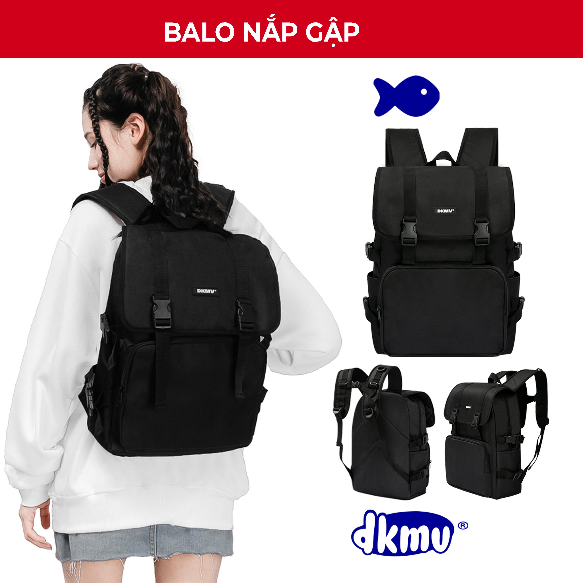 Balo nữ học sinh đi học màu đen DKMV Basic Rubber Tag Backpack | K-P16