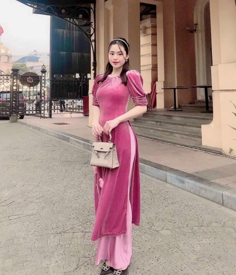 Áo dài cách tân lụa nhung đính hoa vải dày mịn