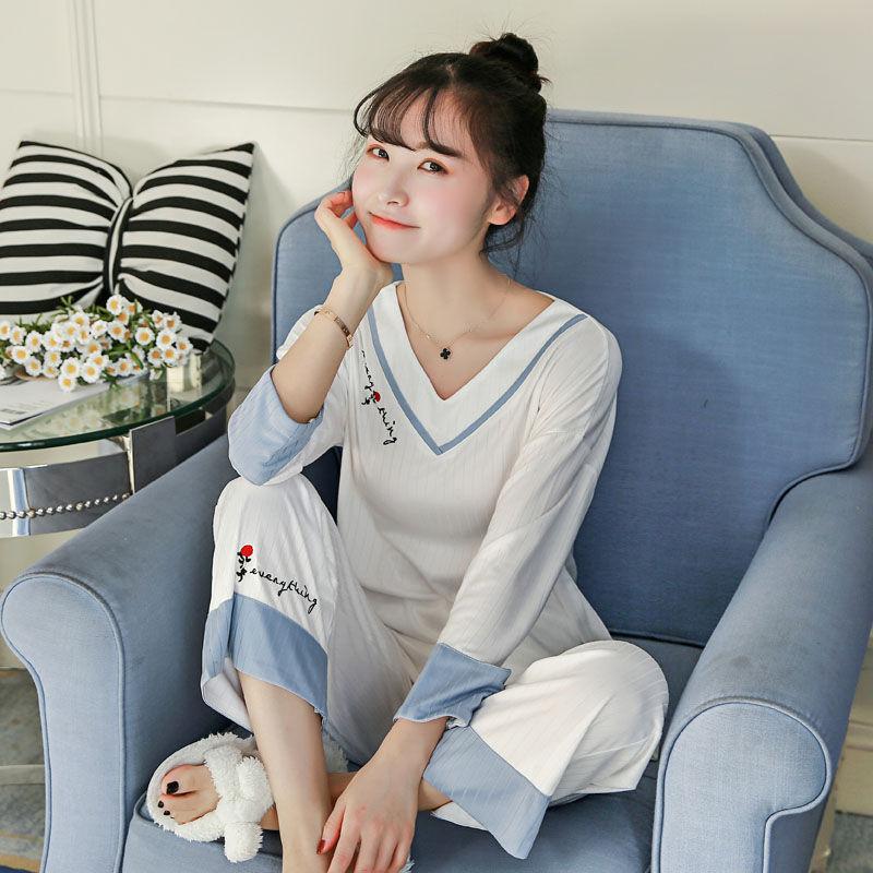 Harga spesial cuci gudang Gaya Korea musim semi dan musim gugur piyama wanita musim gugur dan dingin Lengan panjang katun murni longgar Baju rumah set dua potong gaun v-neck musim panas