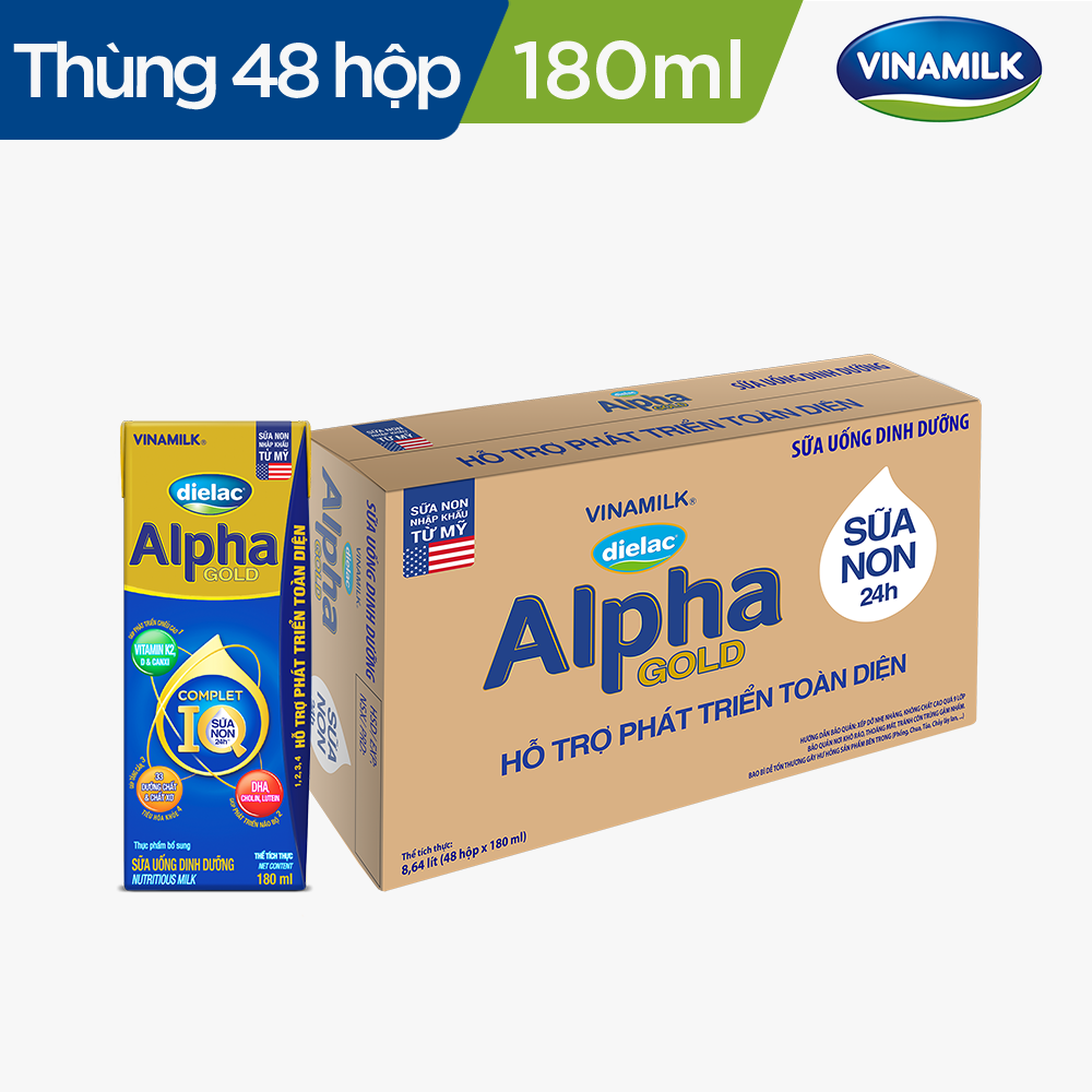 Thùng 48 hộp Sữa nước Vinamilk Dielac Alpha Gold 180ml - sữa bột pha sẵn hỗ trợ phát triển trí não của trẻ, tăng cân, chiều cao