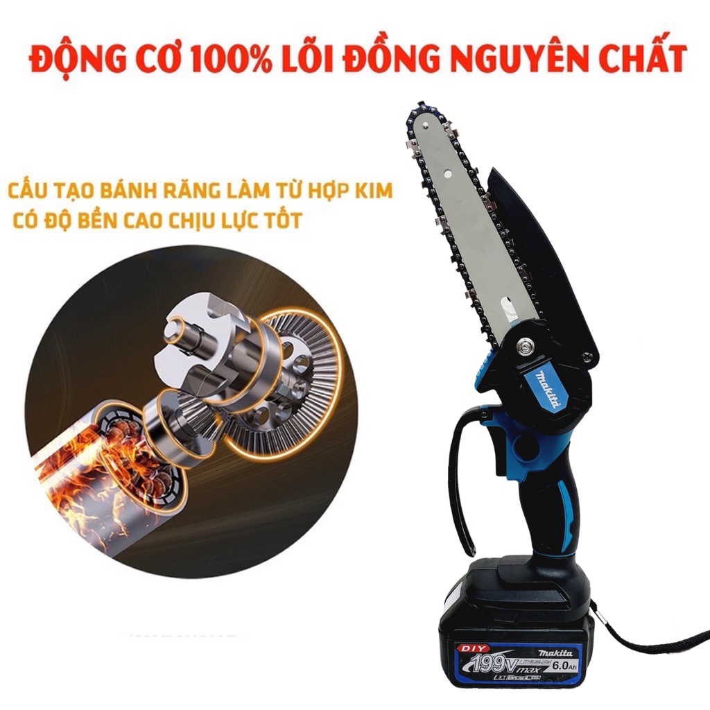 Máy cưa xích dùng pin MAKITA 199V, máy cưa xích cầm tay mini, động cơ lõi đồng 100%, pin 10 cell, lam dài 6 inch, cưa khỏe, tiện lợi