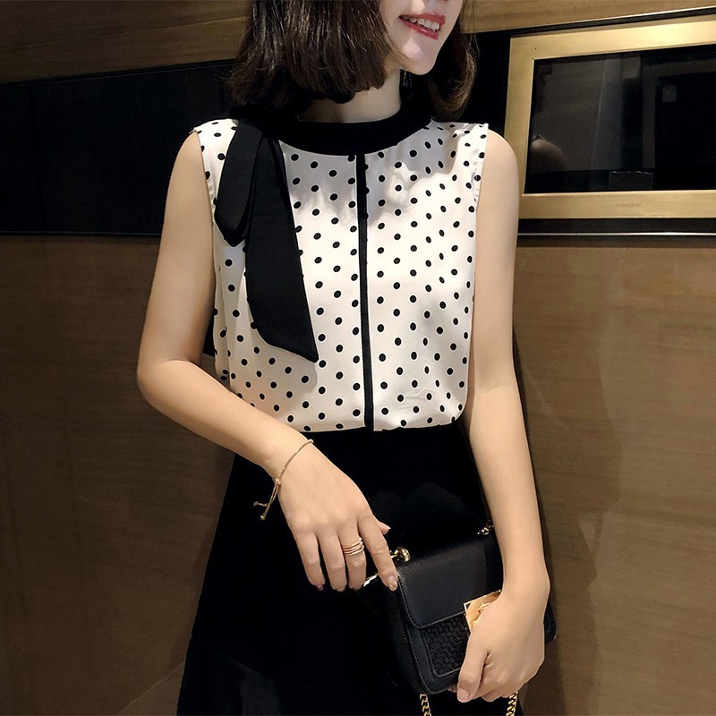 ÁO CHÁM BI CỔ THẮT NƠ SAT NÁCH