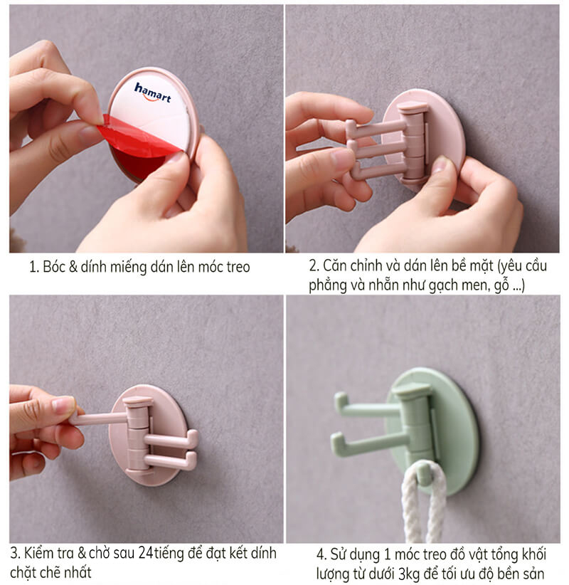 Móc Nhựa Dán Tường 3 Móc Kèm 1 Miếng Dính Tường Xoay 180º Treo Đồ Đa Năng Tiện Lợi