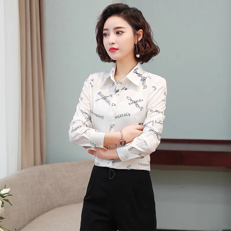Áo sơ mi nữ phối chữ phù hợp cho các chị em công sở thanh lịch skr