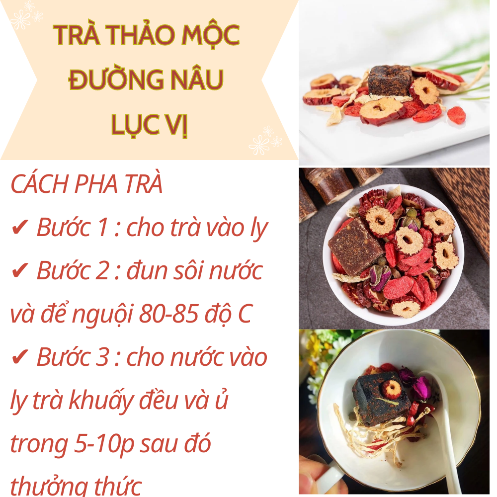 Trà đường nâu thảo mộc lục vị cho ngày dâu (táo thái lát, gừng,kỳ tử,long nhãn...) - Set 10 gói, 20 gói, 30 gói